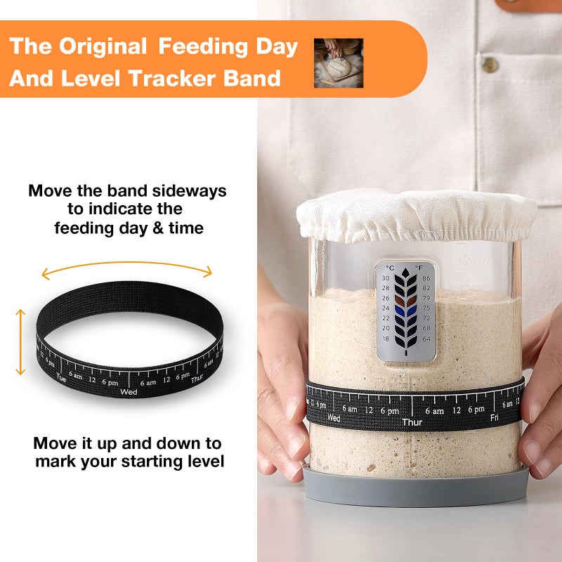 Meolibour Premium Pro Sourdough Starter Jar Kit - 40oz Large Wide Mouth Sourdough Bread Jar with Marked Feeding Band, Thermometer, Scraper, Cloth Cover and Silicone Lid/Base, Glass Container, Baking Supplies - Image 4