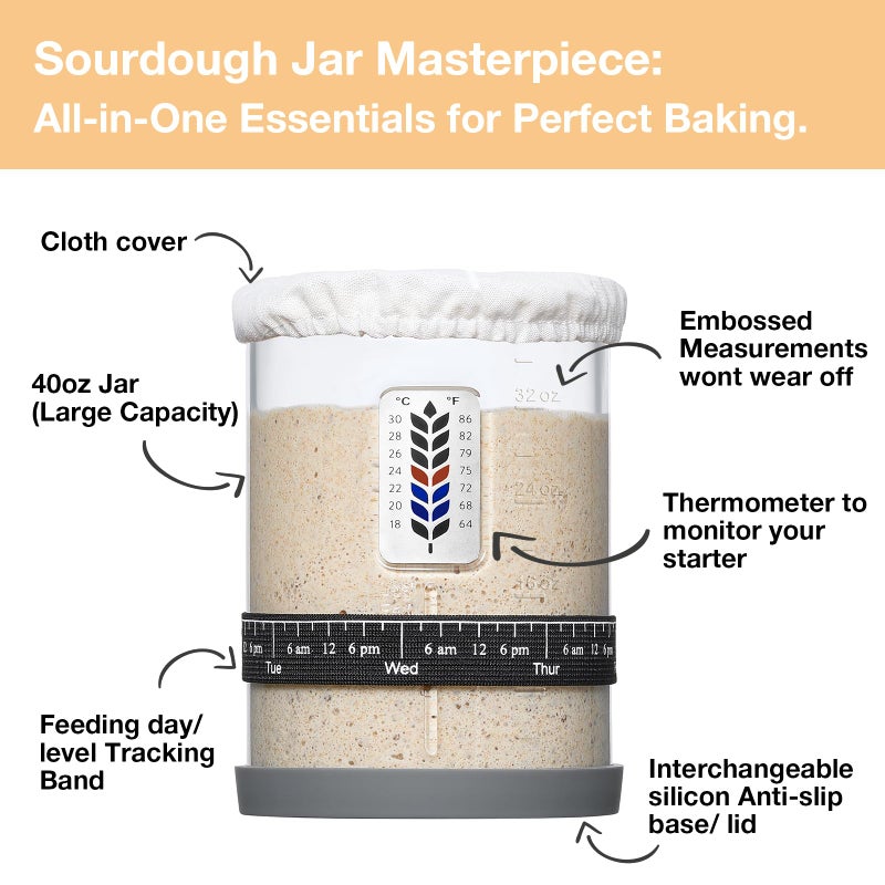Meolibour Premium Pro Sourdough Starter Jar Kit - 40oz Large Wide Mouth Sourdough Bread Jar with Marked Feeding Band, Thermometer, Scraper, Cloth Cover and Silicone Lid/Base, Glass Container, Baking Supplies - Image 3