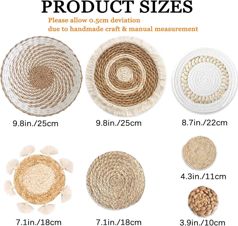 Dimpola 7 Pack Boho Wall Basket Decor - Seagrass Rattan Wicker Wall Decor Round Handmade Hanging Rustic Flat Elegant Wall Art for Farmhouse Living Rooms Bedrooms Display Table Settings Kitchen Home - Image 3