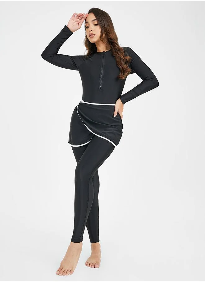ستايلي Pack of 3 - Solid Zip Up Top, Contrast Edge Wrap Skirt & Leggings Burkini