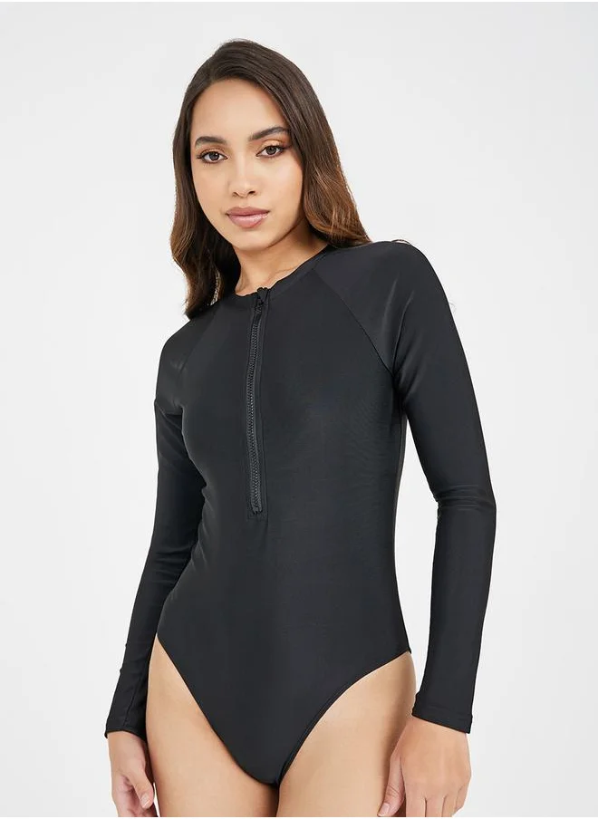ستايلي Pack of 3 - Solid Zip Up Top, Contrast Edge Wrap Skirt & Leggings Burkini