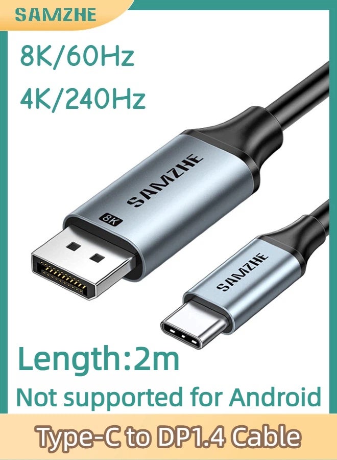 SAMZHE كبل محول من USB Type-C إلى DisplayPort (DP) 1.4 بطول 2 أمتار، كبل عالي السرعة يدعم دقة 8K@60Hz/4K@240Hz، يدعم HDR الديناميكي، VRR و ALLM، بدقة ألوان 12 بت، موصلات مطليّة بالذهب، خاصية التوصيل والاستخدام الفوري، متوافق مع أجهزة الكمبيوتر المحمول، أجهزة MacBook، iPad Pro، أجهزة الكمبيوتر الشخصية والتلفزيونات - Image 1