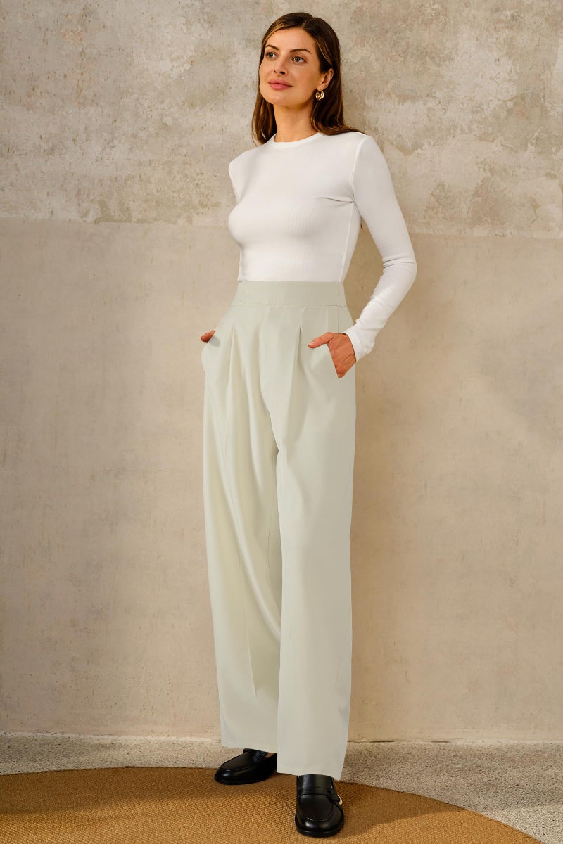 Arach&Cloz 2026 Women's Wrinkle Free Wide Leg Dress Pants High Elastic Waisted Pleated Loose Palazzo Pants Pocket Dressy Work Trousers Business Casual Teacher Outfits Ankle Petite Regular Off-White M - Image 4