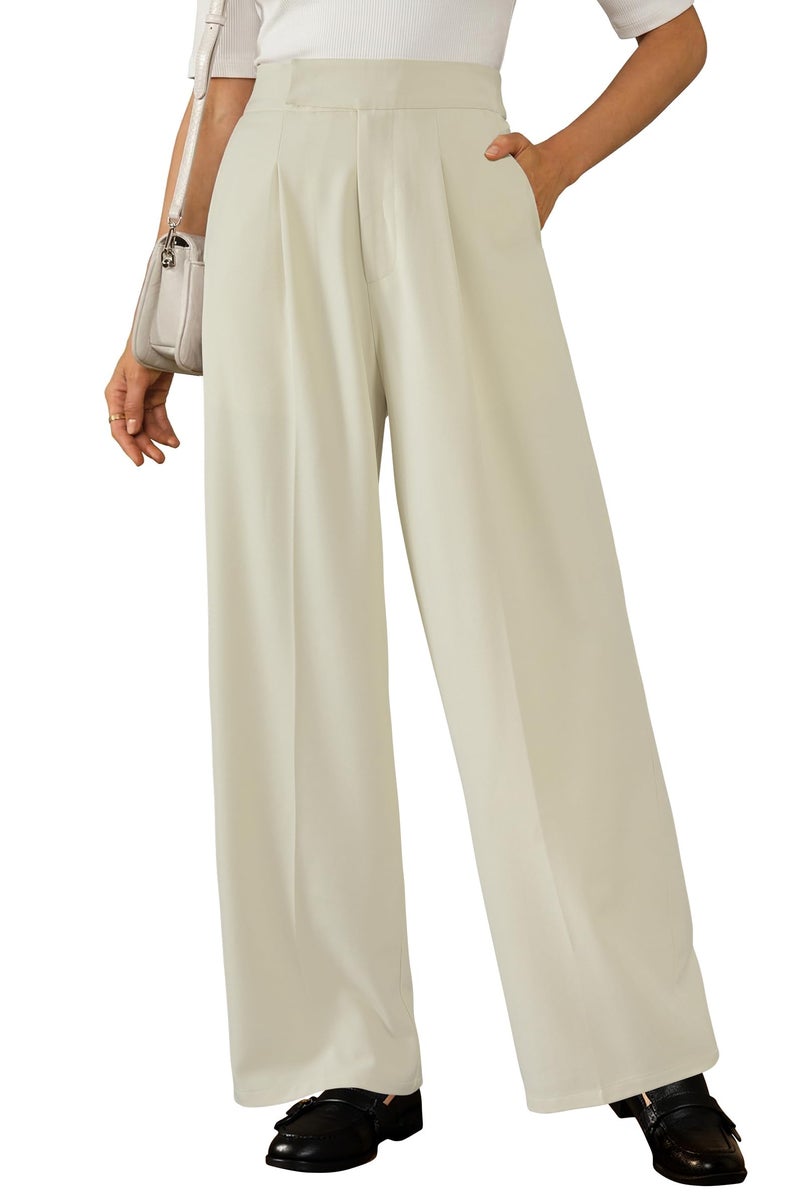Arach&Cloz 2026 Women's Wrinkle Free Wide Leg Dress Pants High Elastic Waisted Pleated Loose Palazzo Pants Pocket Dressy Work Trousers Business Casual Teacher Outfits Ankle Petite Regular Off-White M - Image 1