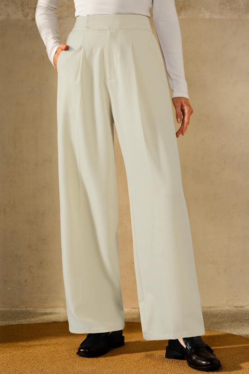 Arach&Cloz 2026 Women's Wrinkle Free Wide Leg Dress Pants High Elastic Waisted Pleated Loose Palazzo Pants Pocket Dressy Work Trousers Business Casual Teacher Outfits Ankle Petite Regular Off-White M - Image 3