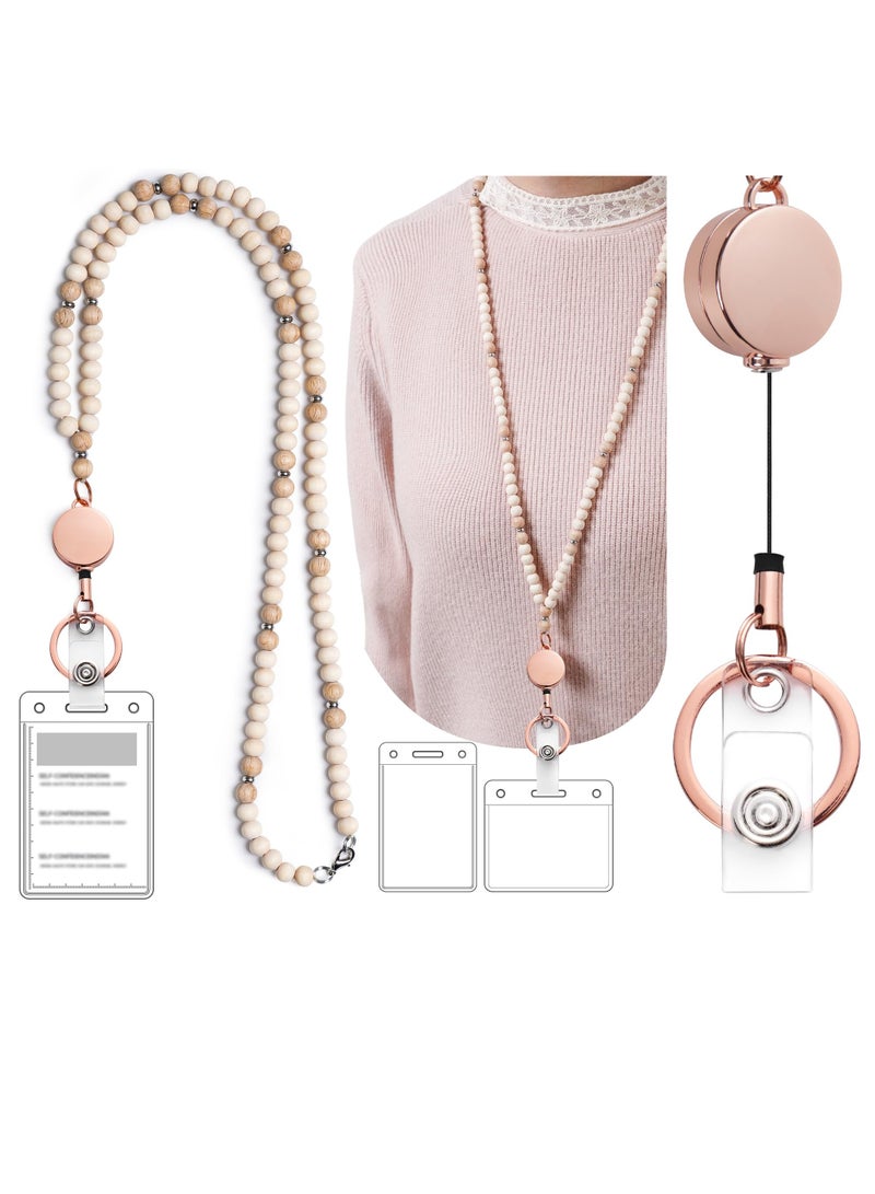 Lanyards for Id Badges for Women, Cute Teacher Lanyard with ID Holder and Retractable Badge Reel for Keys, Wooden Beaded Keychain Lanyard - Image 1