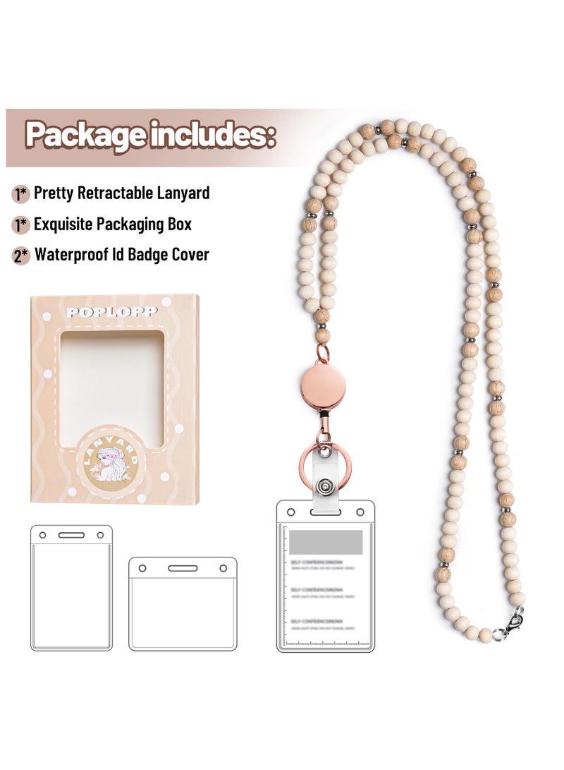 Lanyards for Id Badges for Women, Cute Teacher Lanyard with ID Holder and Retractable Badge Reel for Keys, Wooden Beaded Keychain Lanyard - Image 3