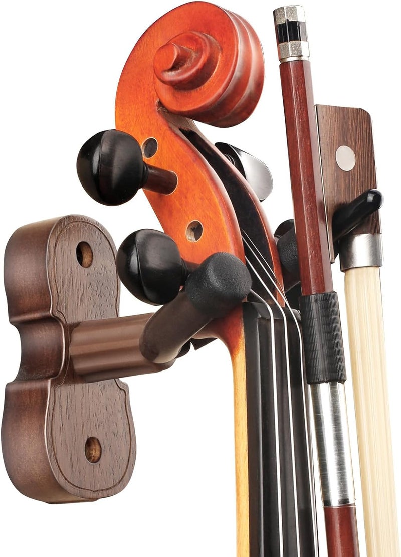 PUNK Violin Viola Wall Mount Hanger,Violin Viola Hook,Black Walnut Violin holder,with Bow Hook,Home & Studio Wall Mount Violin Hangers (Black Walnut) - Image 1