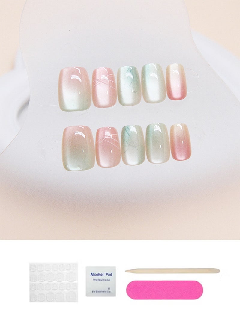 مجموعة أظافر صناعية مكونة من 24 قطعة، أظافر صناعية متدرجة على شكل عين القطة شفافة وملصقات أظافر قابلة للإزالة - Image 3