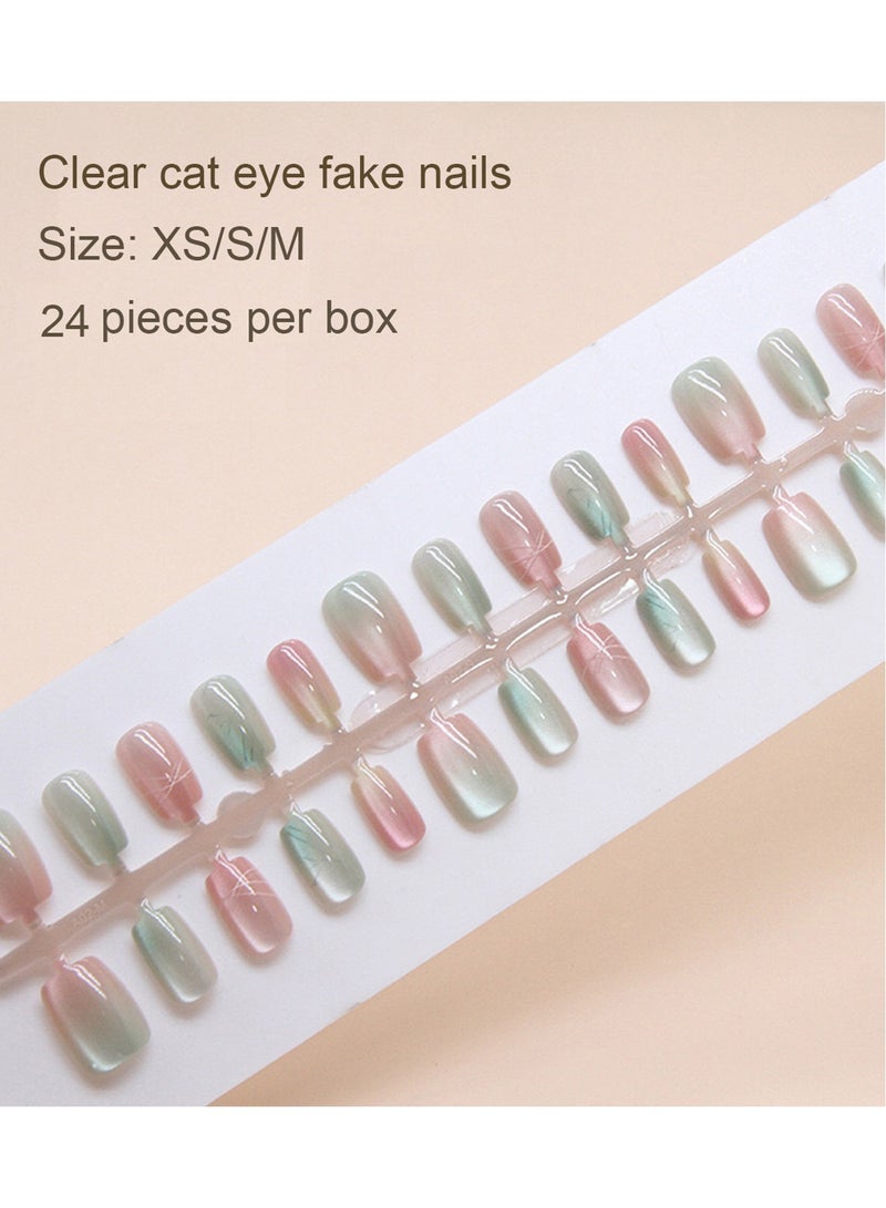 مجموعة أظافر صناعية مكونة من 24 قطعة، أظافر صناعية متدرجة على شكل عين القطة شفافة وملصقات أظافر قابلة للإزالة - Image 1