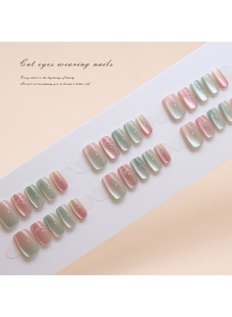 مجموعة أظافر صناعية مكونة من 24 قطعة، أظافر صناعية متدرجة على شكل عين القطة شفافة وملصقات أظافر قابلة للإزالة - Image 2