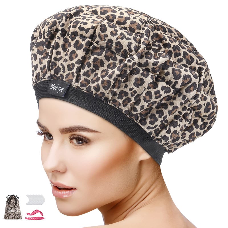 Boloye Flaxseed Deep Conditioning Heat Cap - Boloye Cordless 100% Safe Microwave Hot Cap for Natural Curly Textured Hair Care, Drying, Styling, Curling, Universal size (10 PCS One-time shower cap) (Leopard) - Image 2