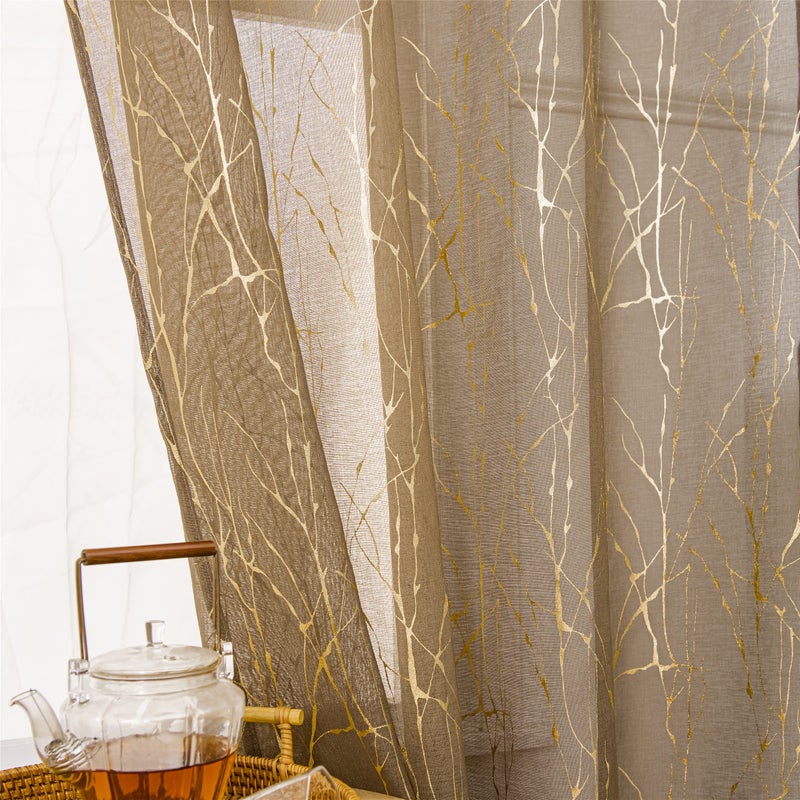 Deeprove Sheer Curtains 84 inch Length 2 Panels Set, Tree Branch Gold Foil Print Metallic for Bedroom Abstract Christmas Decor, Window Treatment Drapes Pair, Rod Pocket, W52 x L 84" Brown Taupe - Image 1