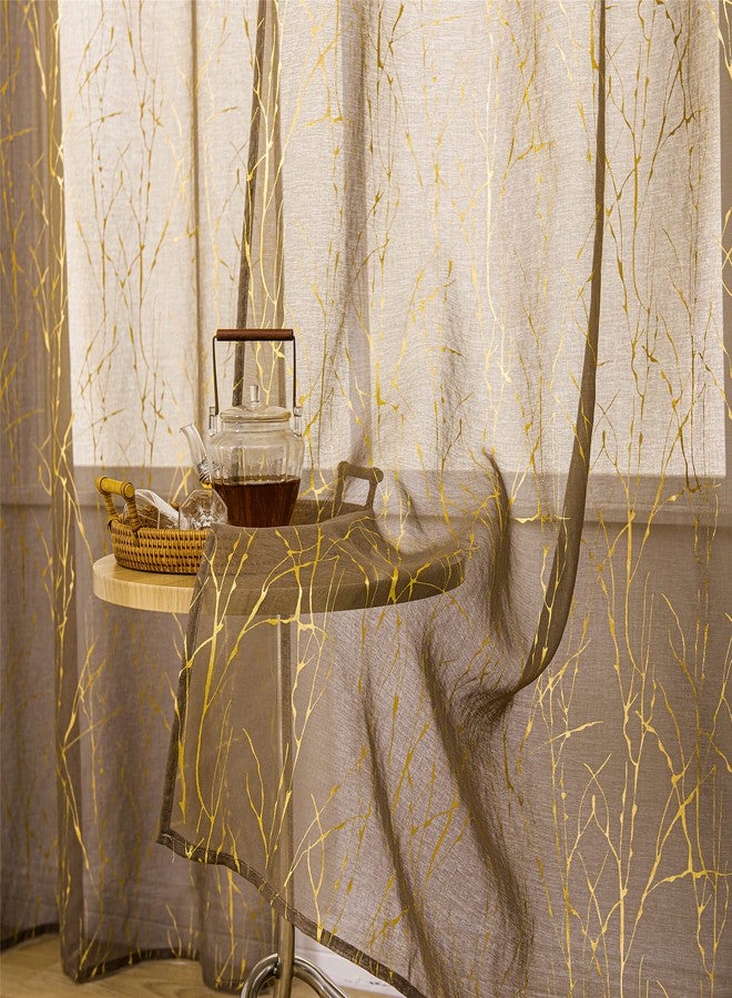 Deeprove Sheer Curtains 84 inch Length 2 Panels Set, Tree Branch Gold Foil Print Metallic for Bedroom Abstract Christmas Decor, Window Treatment Drapes Pair, Rod Pocket, W52 x L 84" Brown Taupe - Image 2