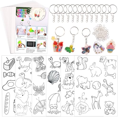 Natonhi Shrinky Dink Sheets Kit 145Pcs Shrink Art Kit Including 20pcs Shrinky Paper Sheets 6pcs Traceable Picture Keychains Accessories- Perfect for Shrink Paper Sheets Crafts Making - Image 1