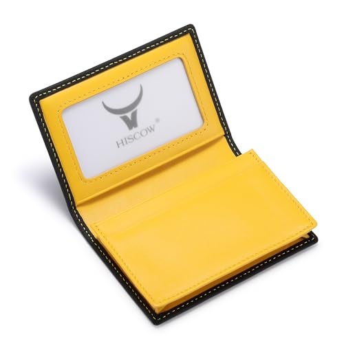 HISCOW Leather Business Card Case Holder for Men & Women, Italian Calfskin (Matte Black Yellow) - Image 1