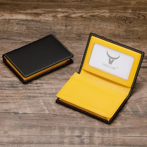 HISCOW Leather Business Card Case Holder for Men & Women, Italian Calfskin (Matte Black Yellow) - Image 2