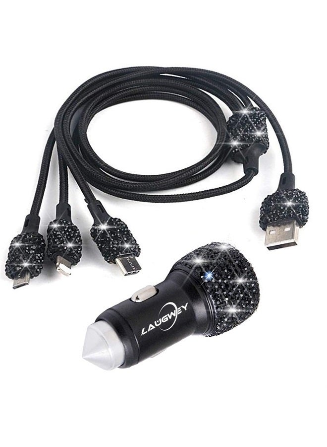 Laugwey Bling Car Charger Accessories Set,Rhinestone Dual USB Car Chargers + Bling 3 in1 Nylon Braided Charging Cable,Bling Crystal Decoration Car Accessories Kits for Girl and Women (Black) - Image 1