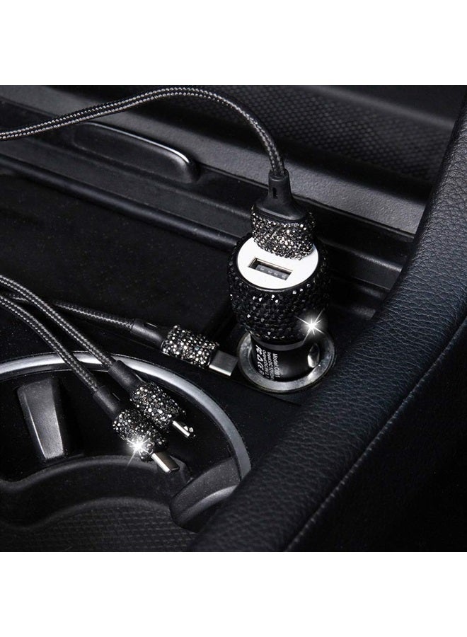 Laugwey Bling Car Charger Accessories Set,Rhinestone Dual USB Car Chargers + Bling 3 in1 Nylon Braided Charging Cable,Bling Crystal Decoration Car Accessories Kits for Girl and Women (Black) - Image 2