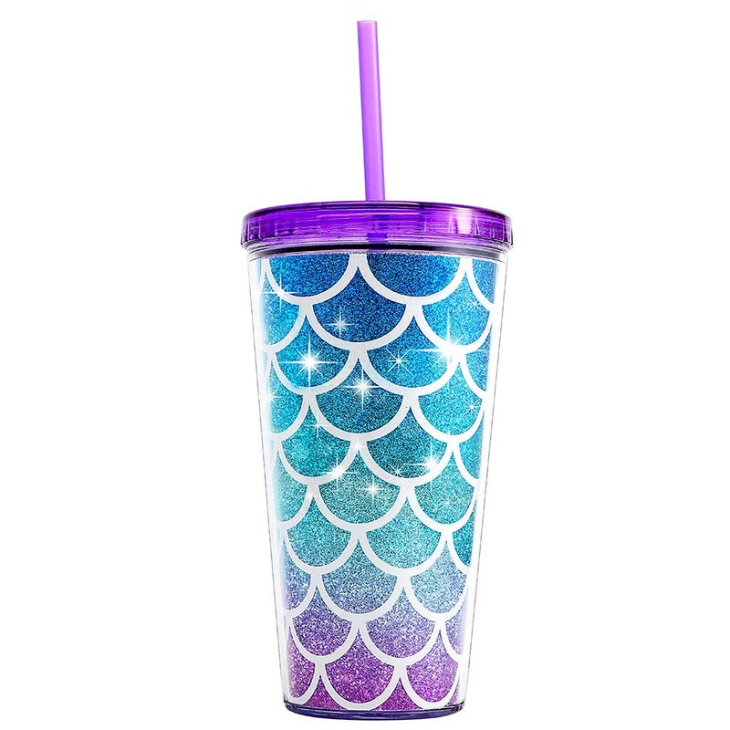 Home Tune Cute Glitter Tumbler Cups with Lid and Straw Double Wall Insulated Acrylic Cup 22 oz  650ml Mermaid