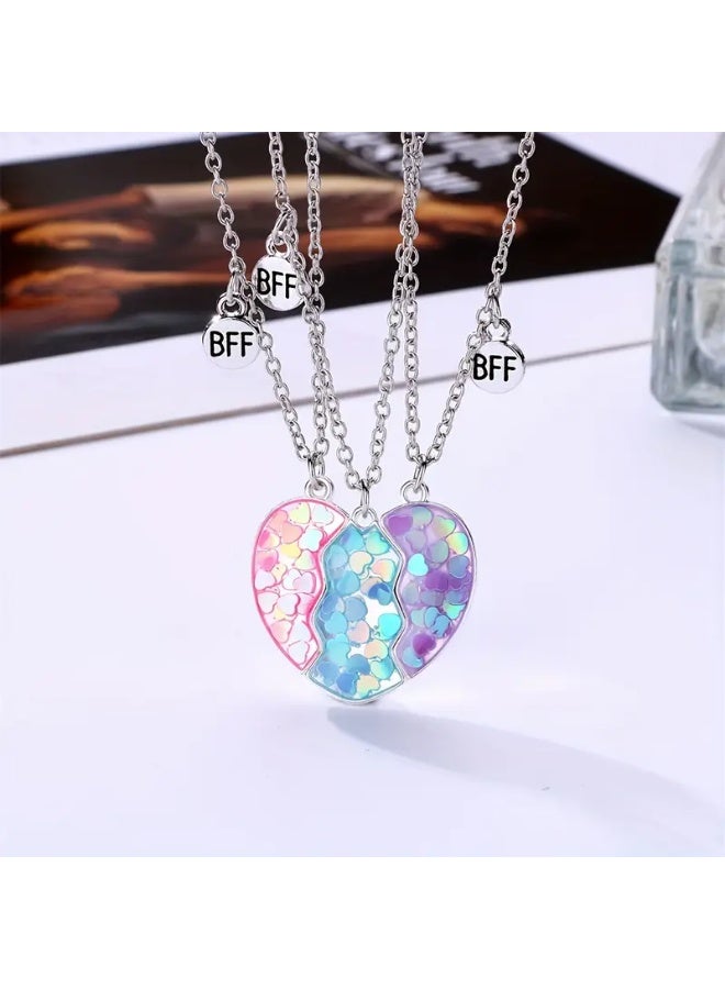 Goolsky Cute Zinc Alloy Heart Pendant Necklace – 3pcs/set Multicolor, Multicolor Hearts Adjustable Chains, Daily Wear/Gifting for Friends, Cute Sweet Style - Image 1