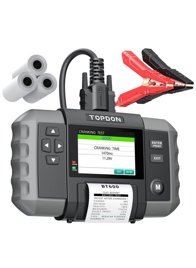 Topdon Car Battery Tester, TOPDON BT600 12V, 12V/24V Cranking Tests and Charging Alternator Load 100-2000CCA Digital Battery Voltage Tester, 3.5" Screen with Built-in Printer - Image 1