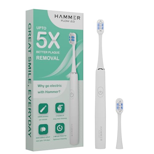 HAMMER Flow 2.0 Electric Toothbrush And 2 Replaceable Adult Brush Heads For Men And Women, 2 Brushing Modes, Aaa Battery, Waterproof, Super-Soft Bristles, Electric Brush(White), 1 Count - Image 1