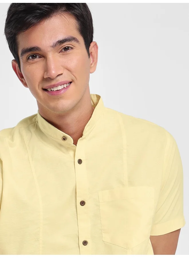 Beyoung Daffodil Yellow Half Sleeve Linen Shirt for Men