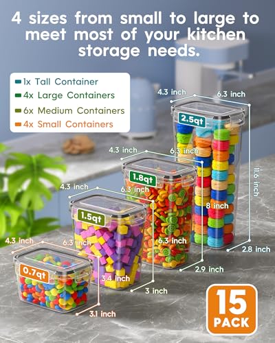 KEMETHY Airtight Food Storage Containers with Lids 15 PCS Kitchen and Pantry Organization Canisters BPAFree PVCFree Foodgrade Plastic Leakproof Jars for Cereal Flour Sugar Extra 24 Labels Marker - Image 3