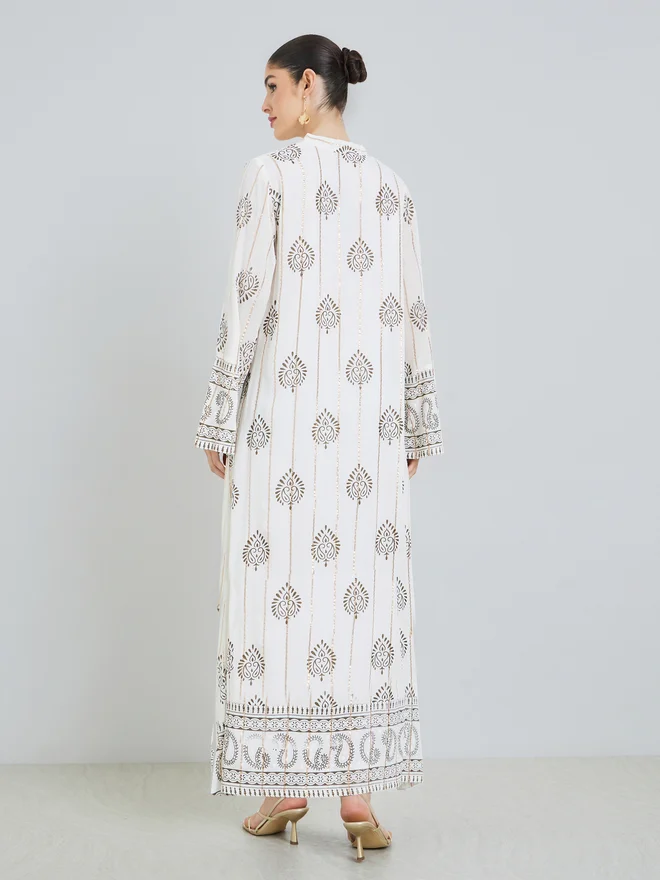 Styli white Styli White Foil Print Collared Jalabiya for Women | Best Price UAE