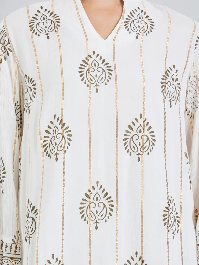 Styli white Styli White Foil Print Collared Jalabiya for Women | Best Price UAE