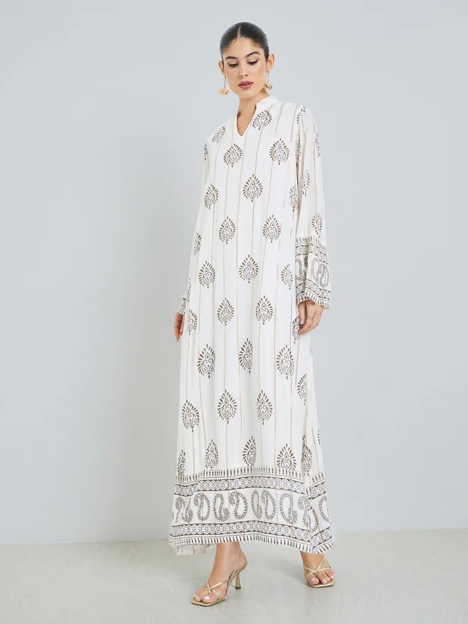 Styli white Styli White Foil Print Collared Jalabiya for Women | Best Price UAE