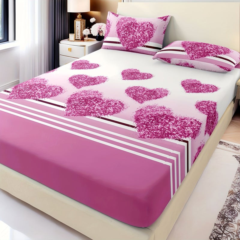 3pcs Off White Pink Heart Fitted Sheet And 2 Pillowcases Set Soft Festive Romantic Love Decor For Bedroom Twin Full Queen King Bed - Image 4