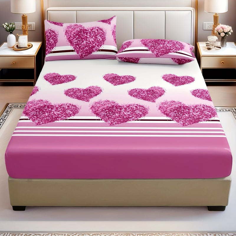 3pcs Off White Pink Heart Fitted Sheet And 2 Pillowcases Set Soft Festive Romantic Love Decor For Bedroom Twin Full Queen King Bed - Image 2
