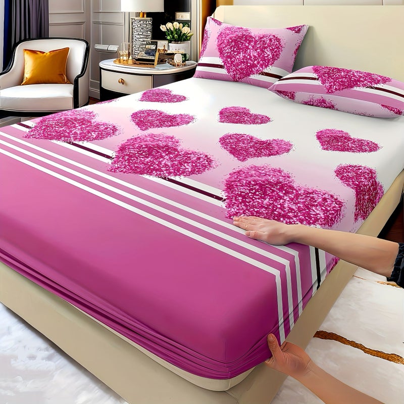 3pcs Off White Pink Heart Fitted Sheet And 2 Pillowcases Set Soft Festive Romantic Love Decor For Bedroom Twin Full Queen King Bed - Image 1