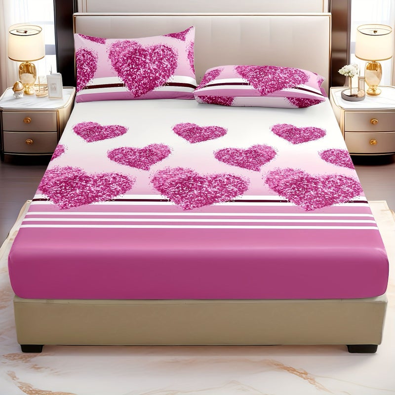 3pcs Off White Pink Heart Fitted Sheet And 2 Pillowcases Set Soft Festive Romantic Love Decor For Bedroom Twin Full Queen King Bed - Image 5