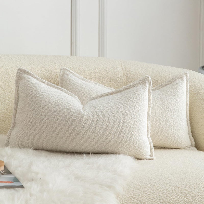 MANDIOO Pack of 2 Decorative Throw Pillow Covers Accent Solid Woven Textured Cushion Covers Pillow Cases Bedroom Living Room Sofa Home 12 x 20 Inch Cream White - Image 1
