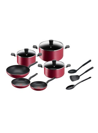 TEFAL طقم سوبر كوك مكون من 12 قطعة | مقالي 22/24 سم، مقلاة ووك 28 سم، قدور 22/24/28 سم + أغطية، ملعقة، ملعقة مشقوقة، ملعقة مسطحة مشقوقة | غير لاصق | مؤشر حرارة Thermo-Signal | أحمر | ضمان لمدة سنتين | B460SC84 أحمر/أسود