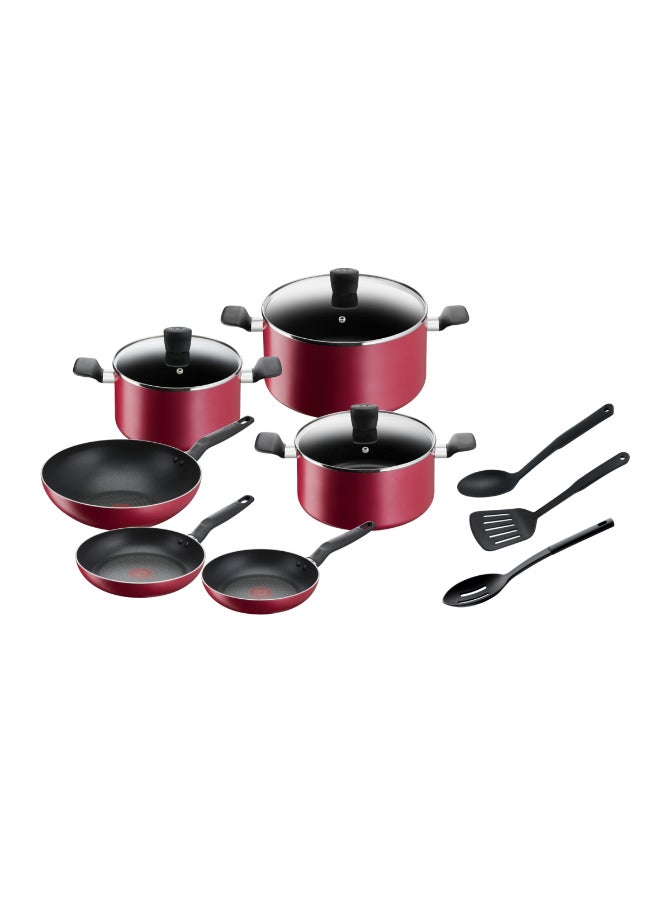 TEFAL Super Cook 12 pc set| frypans 22/24cm, wokpan28 cm, stewpots 22/24/28cm+lids, spoon, slotted spoon, slotted spatula | Non-Stick | Thermo-Signal | Red | 2 Years Warranty | B460SC84 Red - Image 1