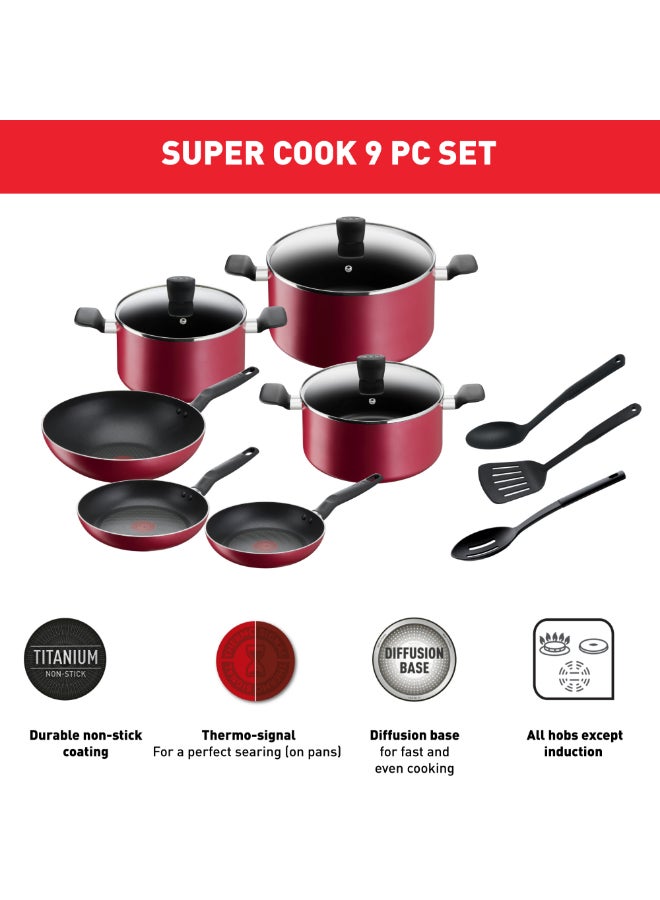TEFAL Super Cook 12 pc set| frypans 22/24cm, wokpan28 cm, stewpots 22/24/28cm+lids, spoon, slotted spoon, slotted spatula | Non-Stick | Thermo-Signal | Red | 2 Years Warranty | B460SC84 Red - Image 2