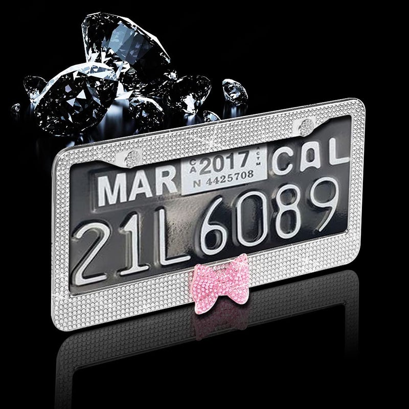 LEIWOOR 2 Pack Bling License Plate Frameï¼ŒHandcrafted Bling Rhinestone Premium Stainless Steel License Plate Frameï¼Œ14 Facets Clear Color Rhinestone Crystal (Silver&Pink-Bow) - Image 3