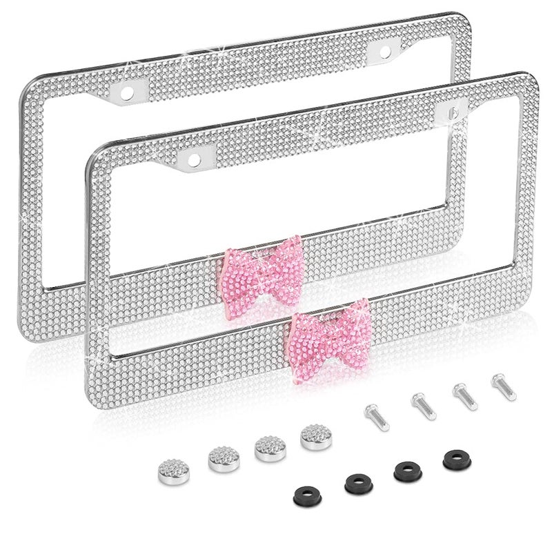 LEIWOOR 2 Pack Bling License Plate Frameï¼ŒHandcrafted Bling Rhinestone Premium Stainless Steel License Plate Frameï¼Œ14 Facets Clear Color Rhinestone Crystal (Silver&Pink-Bow) - Image 1