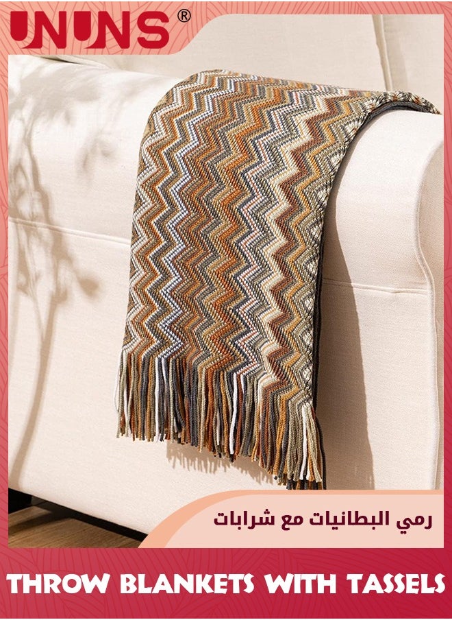 UNUNS - Bohemian Throw Single Size Blankets,Soft Cozy Lightweight Knitted Throw Blankets With Tassels,Fall Throw Blanket For Couch Decorative Throw Blankets/Bed/Sofa/All Seasons-Yellow 127x180cm - Image 1