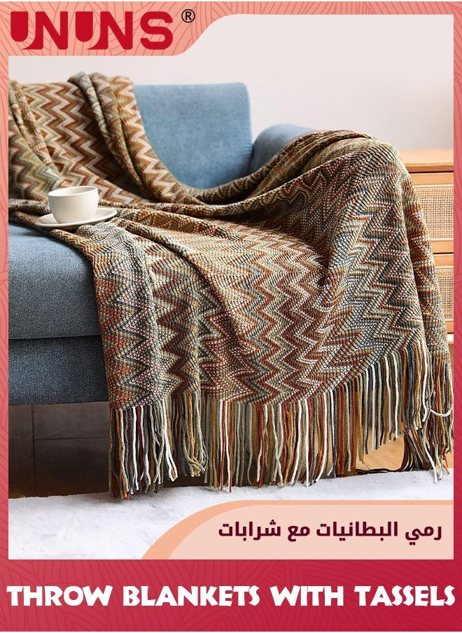 UNUNS - Bohemian Throw Single Size Blankets,Soft Cozy Lightweight Knitted Throw Blankets With Tassels,Fall Throw Blanket For Couch Decorative Throw Blankets/Bed/Sofa/All Seasons-Yellow 127x180cm - Image 1