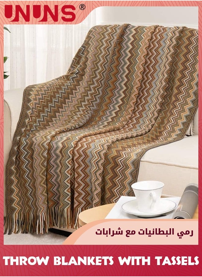 UNUNS - Bohemian Throw Single Size Blankets,Soft Cozy Lightweight Knitted Throw Blankets With Tassels,Fall Throw Blanket For Couch Decorative Throw Blankets/Bed/Sofa/All Seasons-Yellow 127x180cm - Image 1