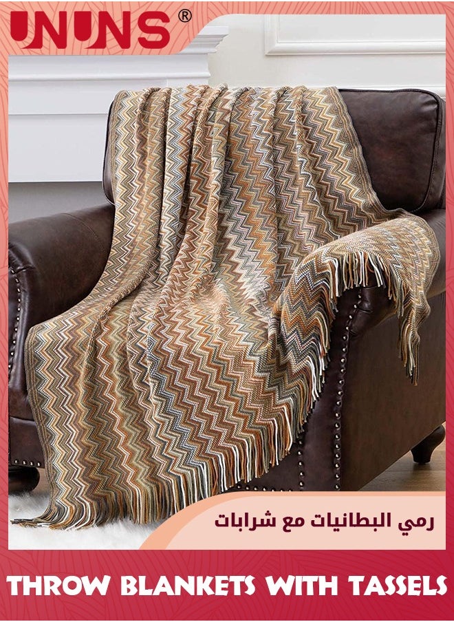 UNUNS - Bohemian Throw Single Size Blankets,Soft Cozy Lightweight Knitted Throw Blankets With Tassels,Fall Throw Blanket For Couch Decorative Throw Blankets/Bed/Sofa/All Seasons-Yellow 127x180cm - Image 1