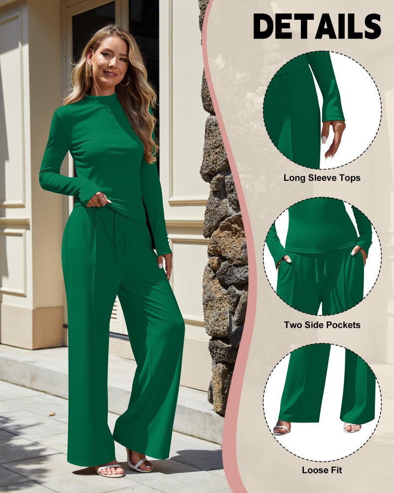 Simlakey Women 2 Piece Lounge Set 2025 Winter Long Sleeve Outfit Turtle Neck Sweatsuits Fashion Vacation Travel Matching Set(Green,L) - Image 3