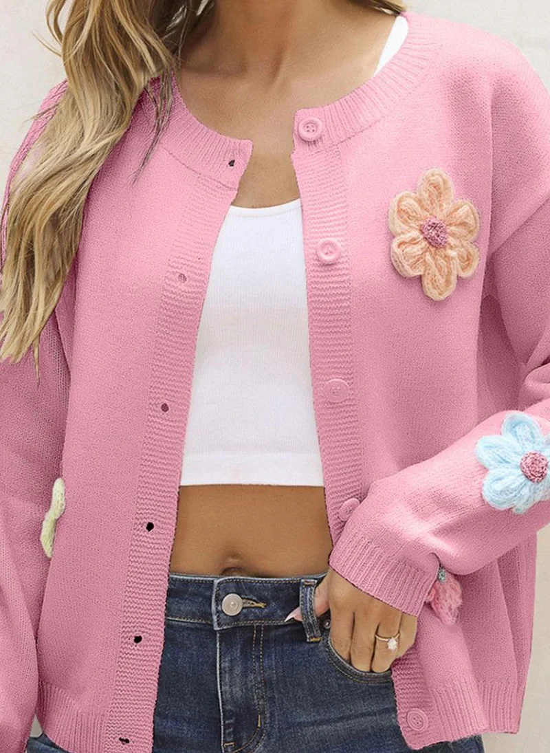 يونيكي Pink  Floral Printed Front-Open Sweaters