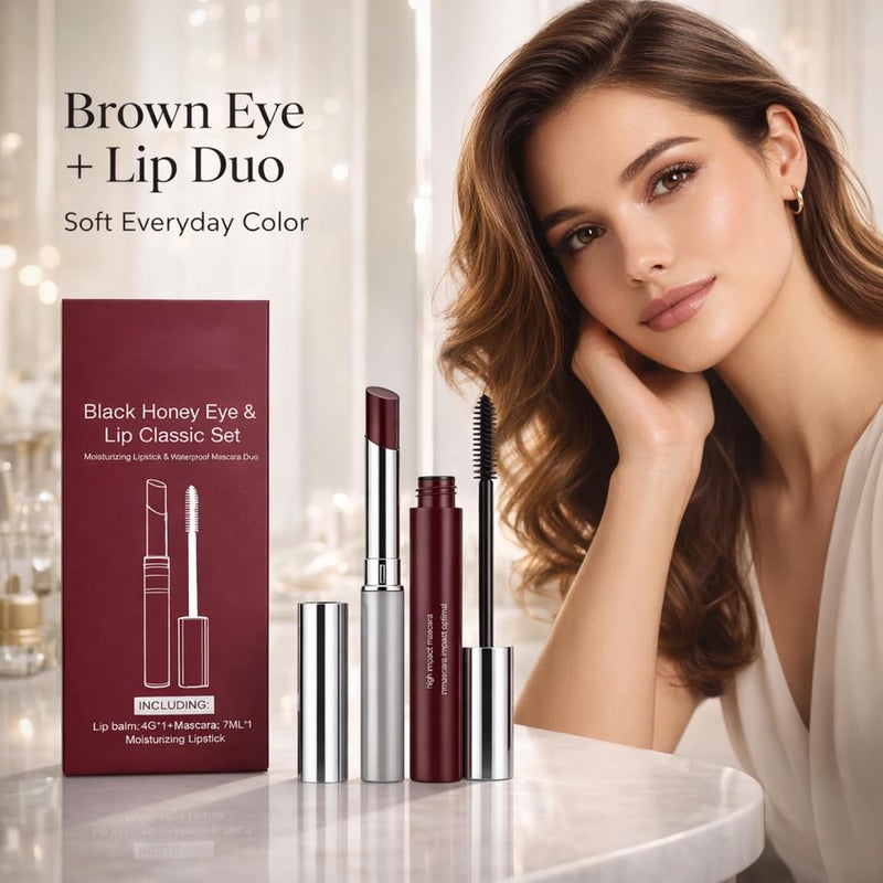 Brown Eye & Lip Makeup Set, Waterproof Curling Mascara and Tinted Lip Balm Duo, Long-Wear Natural Color, Smooth Creamy Finish, Everyday Makeup Kit for Women - Image 2