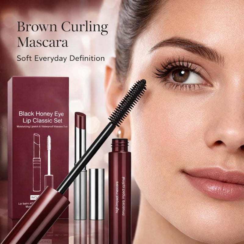 Brown Eye & Lip Makeup Set, Waterproof Curling Mascara and Tinted Lip Balm Duo, Long-Wear Natural Color, Smooth Creamy Finish, Everyday Makeup Kit for Women - Image 3